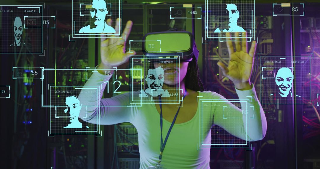 Biracial Woman in VR Headset with Digital Faces and Codes