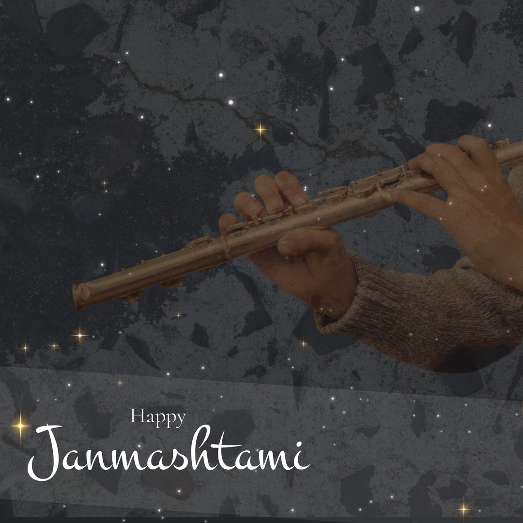 Happy Janmashtami Celebratory Flute Playing with Starry Background