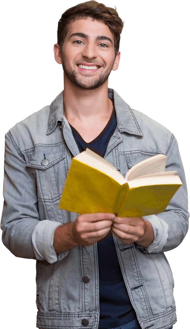 Smiling Young Adult Male Student with Open Book Transparent