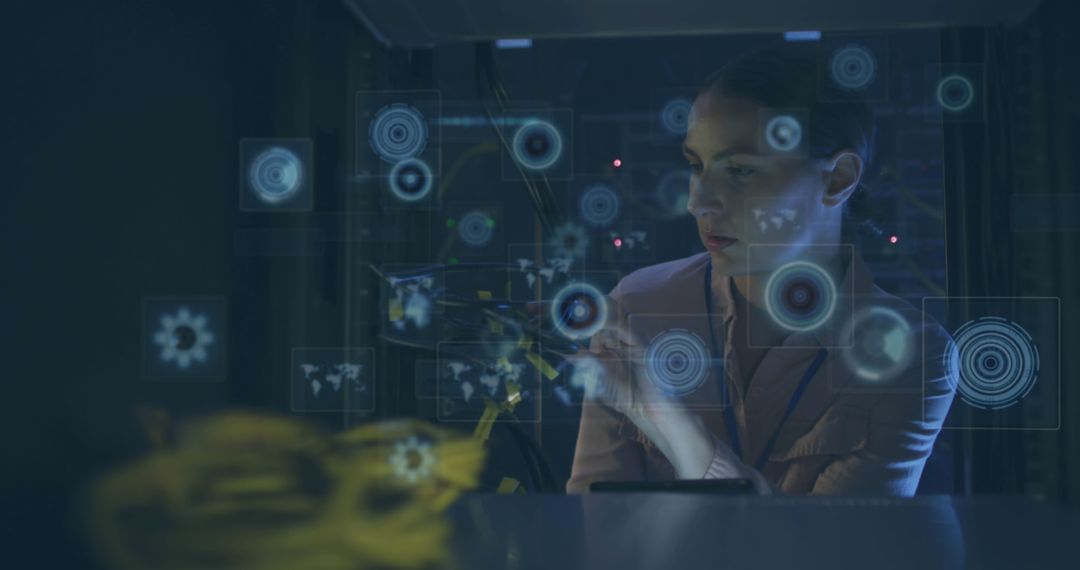 IT Engineer Analyzing Server Through Digital Interface Overlay