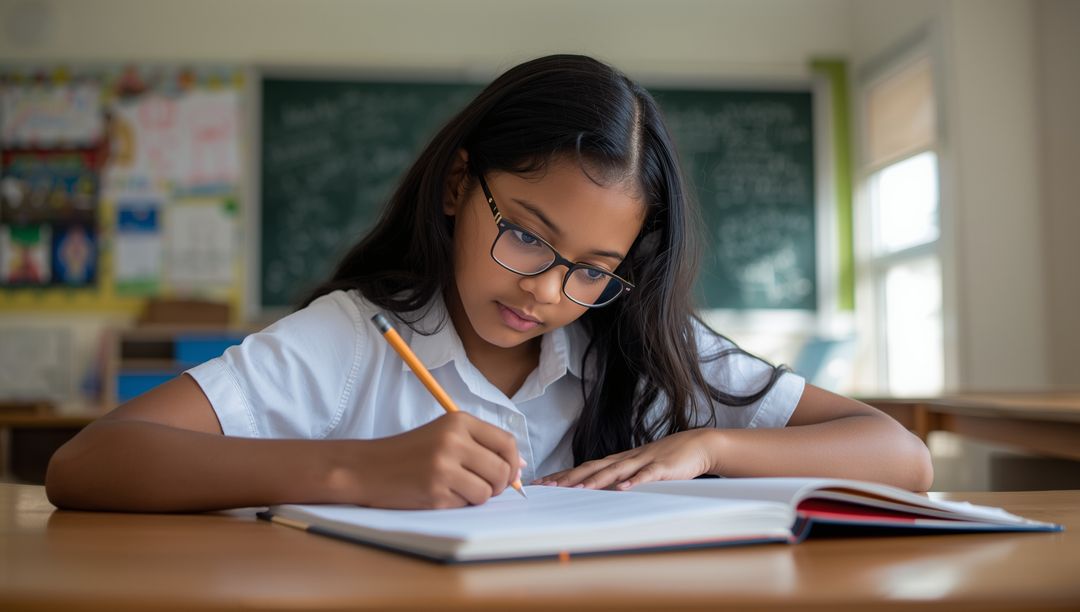 Young Student Focusing on Studies with Notebook and Pencil