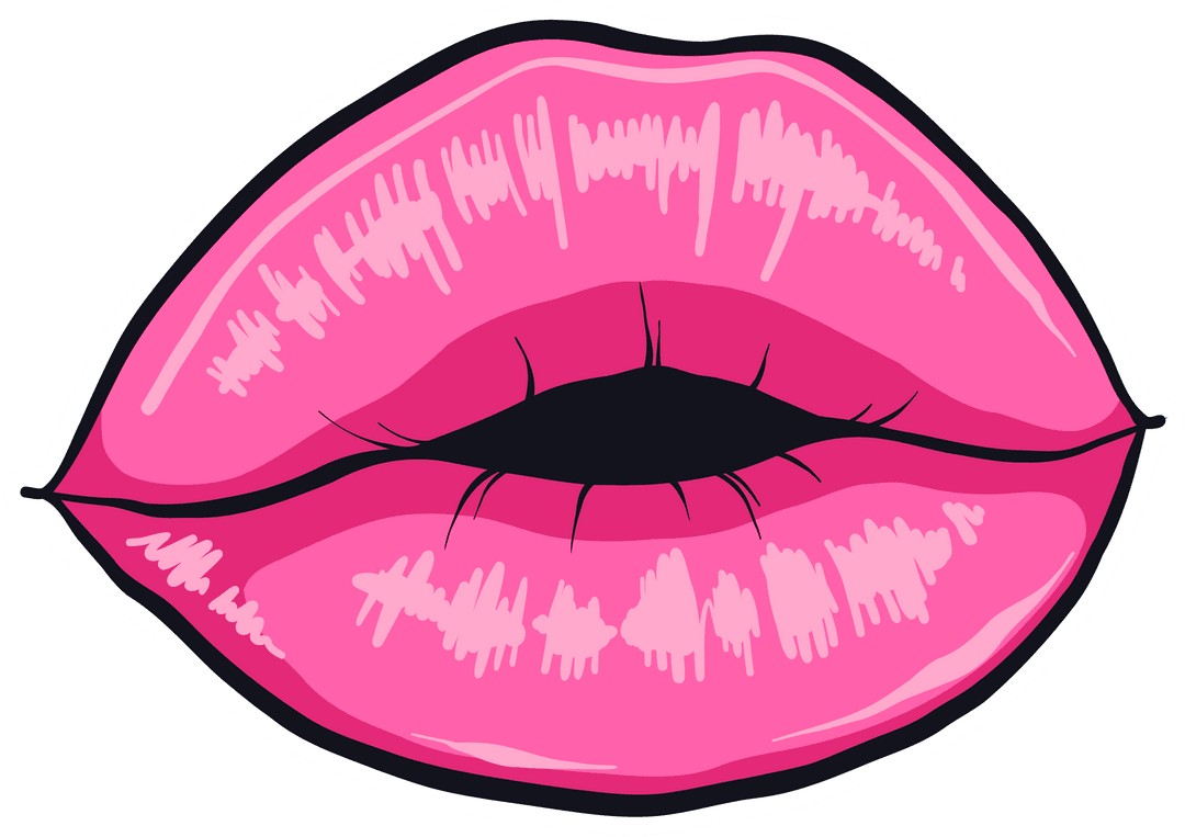 Stylized Glossy Pink Lips with Bold Outline on Transparent Background