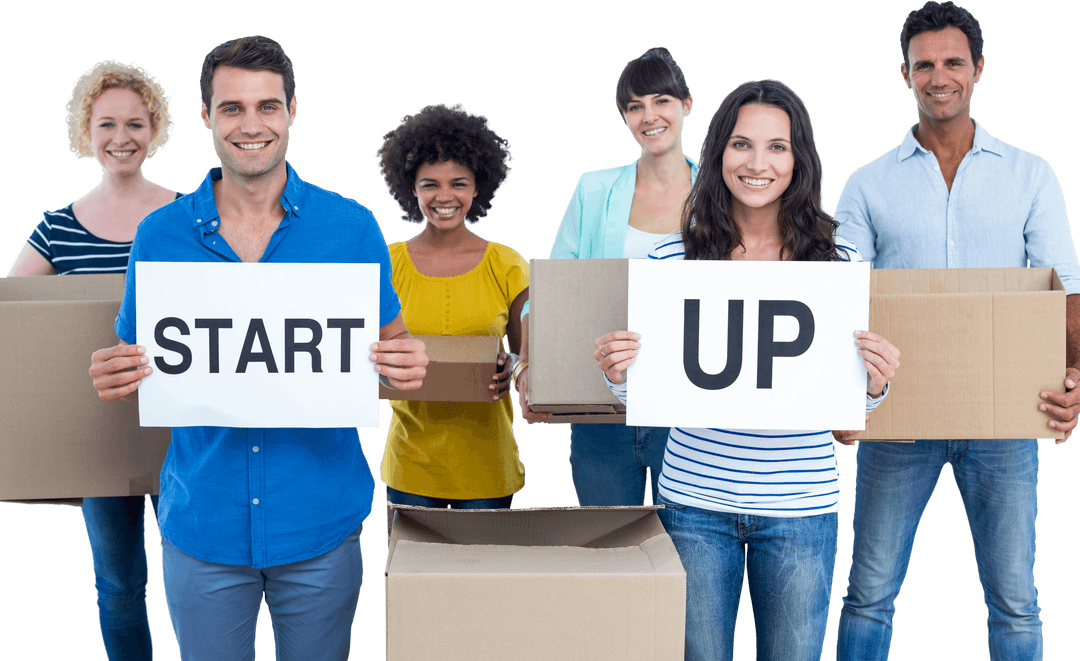Creative Team Holding Transparent Startup Sign with Boxes