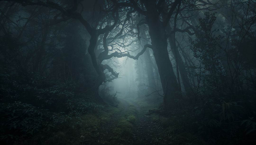 Mysterious Foggy Forest with Twisted Trees and Mossy Path