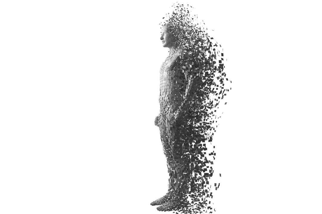 3D Model of Man Decomposing into Small Blocks on Transparent