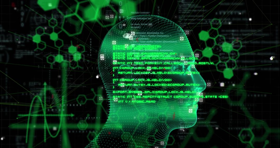 Futuristic Digital Human Face with Binary Data and Hex Codes