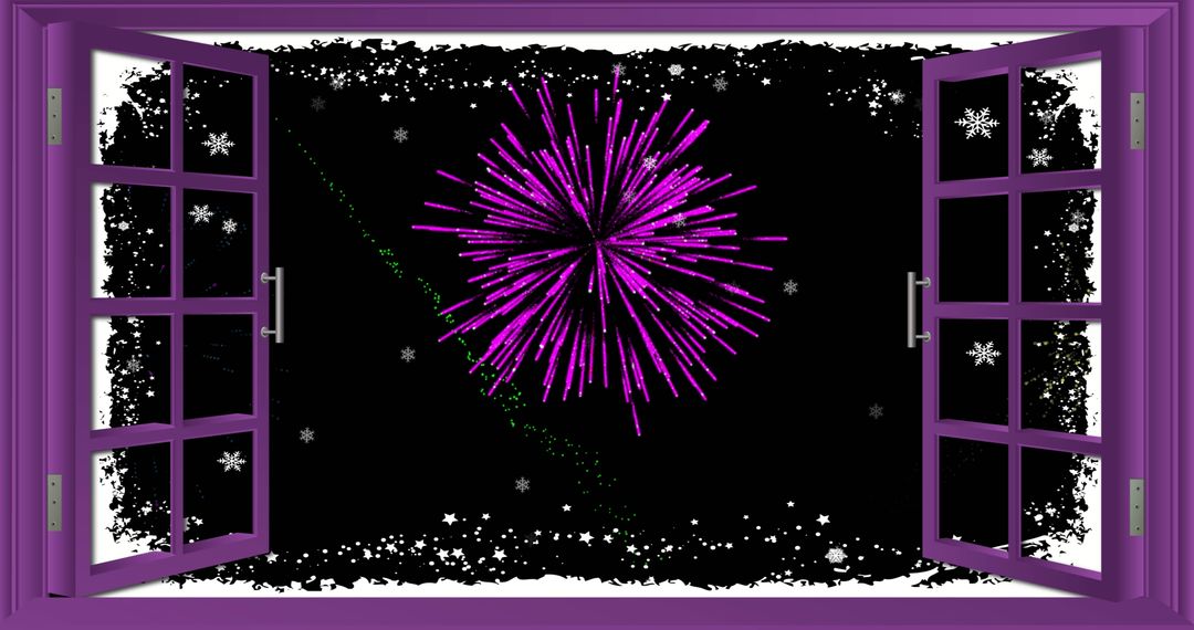 Festive Fireworks Through Open Window on Starry Night