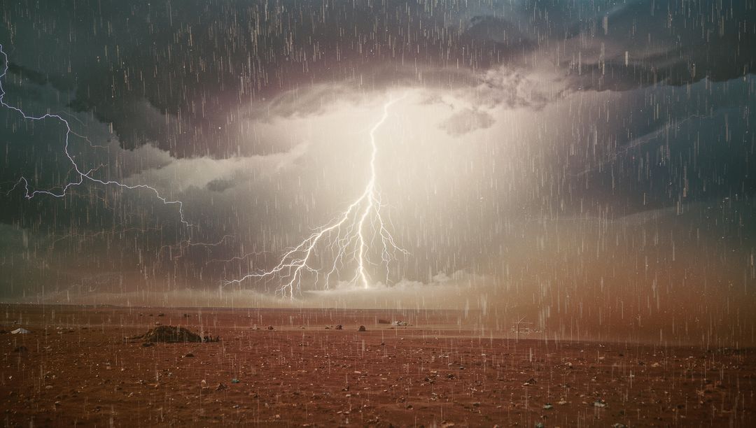 Lightning Strike Illuminates Desert during Dramatic Storm