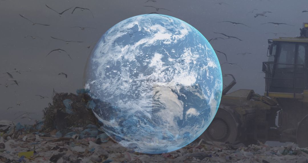 Surreal Image of Earth Globe Hovering Over Landfill Site