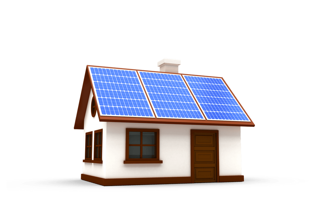 3D House Illustration with Solar Panels on Transparent Background
