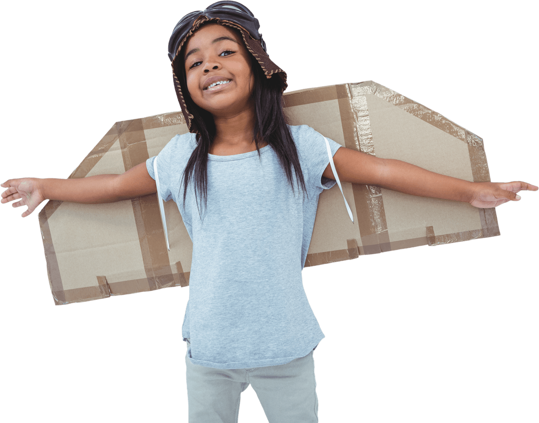 Transparent Joyful Child Pretending to Fly with Cardboard Wings