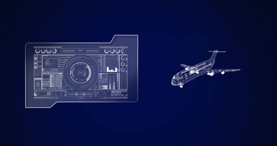3D Airplane Blueprint with Digital Interface and Scope Scanning