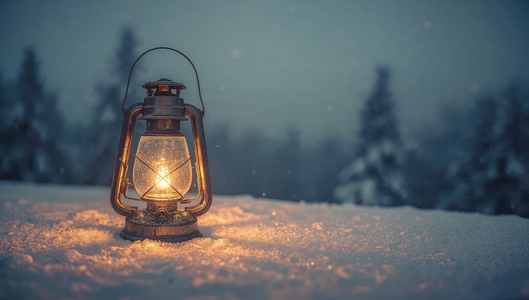 Weathered Lantern Glowing on Snowy Forest Edge at Dusk, Warm Light in Falling Snow
