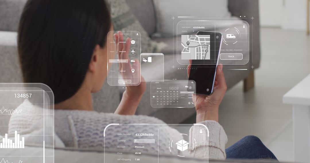 Woman Interacting with Augmented Reality Interface on Smartphone