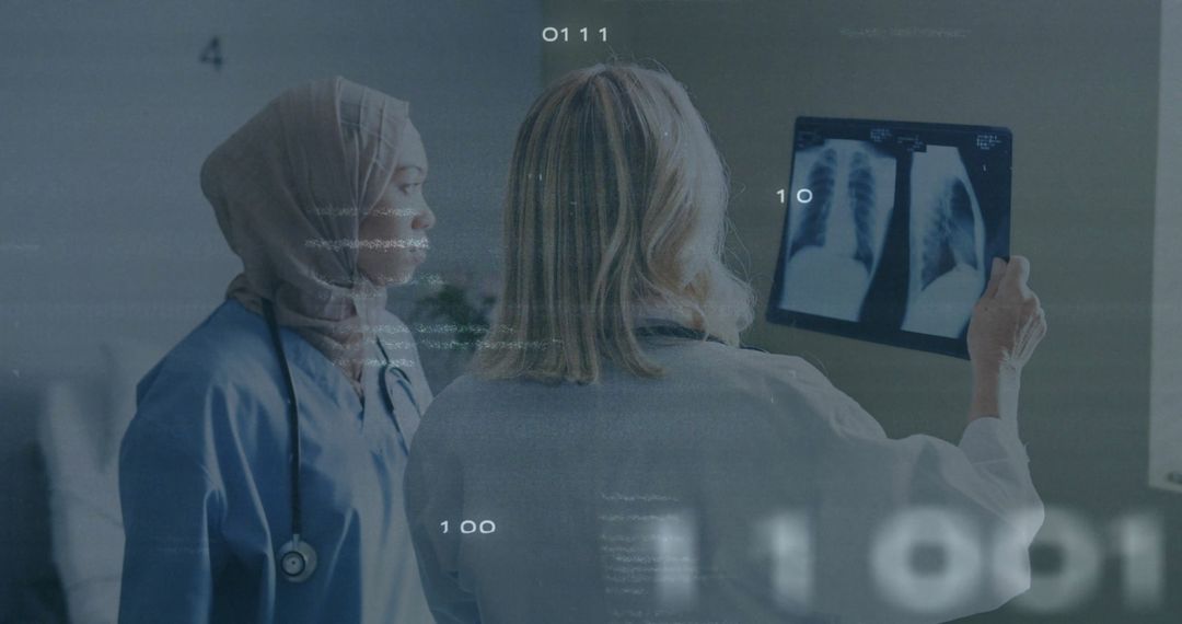 Doctors Examining X-Ray with Digital Data Overlay