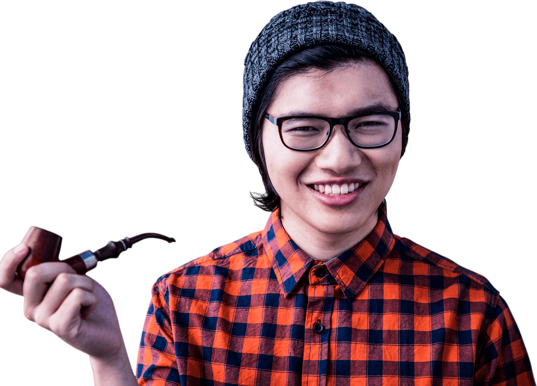 Smiling Transparent Hipster with Pipe and Glasses Against White Background