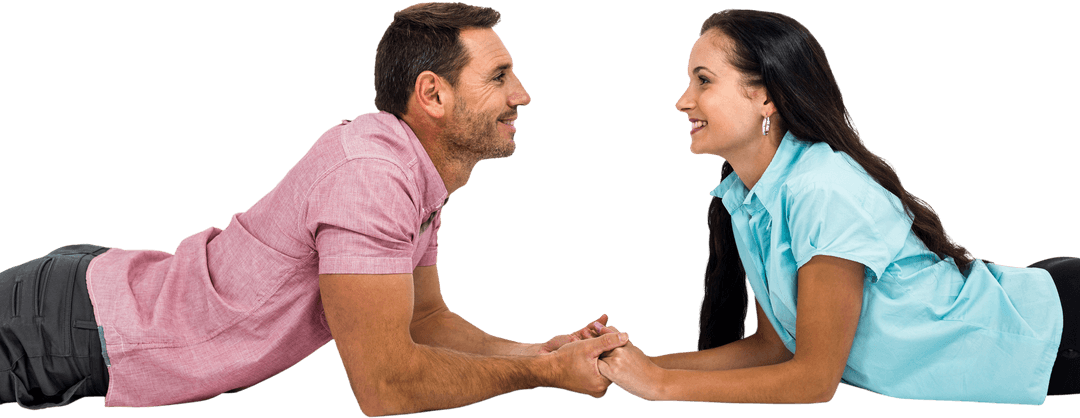 Smiling Couple Holding Hands Laying on Transparent Background