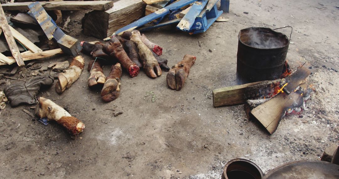 Traditional Meat Preparation in Rural Setting with Open Fire - Free Images, Stock Photos and Pictures on Pikwizard.com