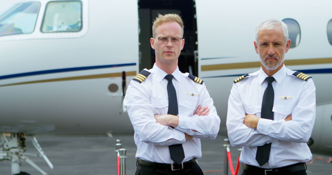 Caucasian pilots stand confidently in front of an aircraft - Free Images, Stock Photos and Pictures on Pikwizard.com