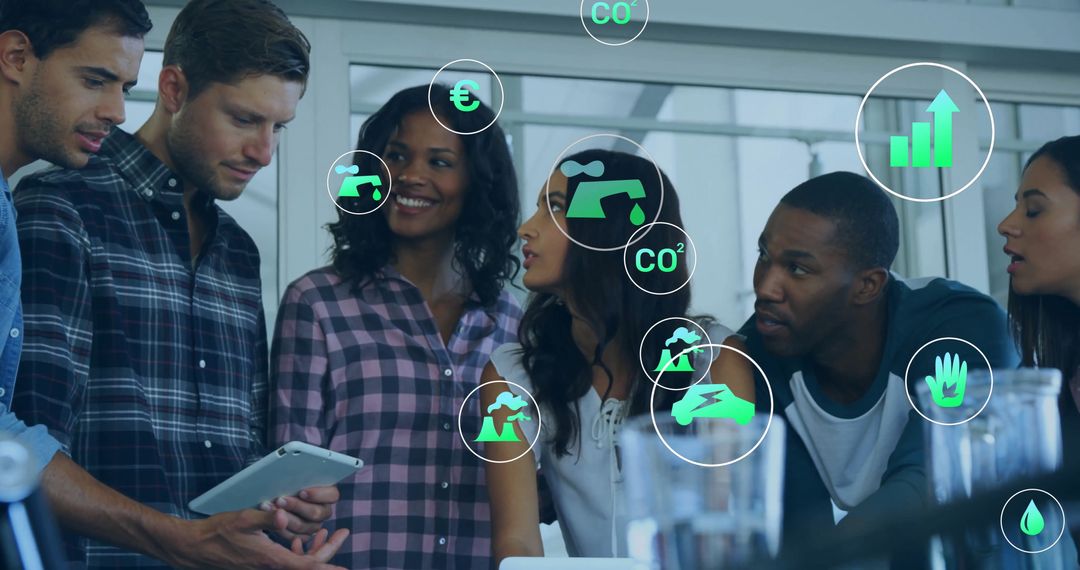 Diverse Team Discussing Sustainability with Tablet and Eco Icons Overlay