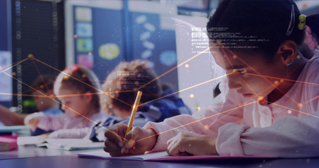 Young Girl Writing in Classroom with Code Overlay Representing EdTech and STEM Learning