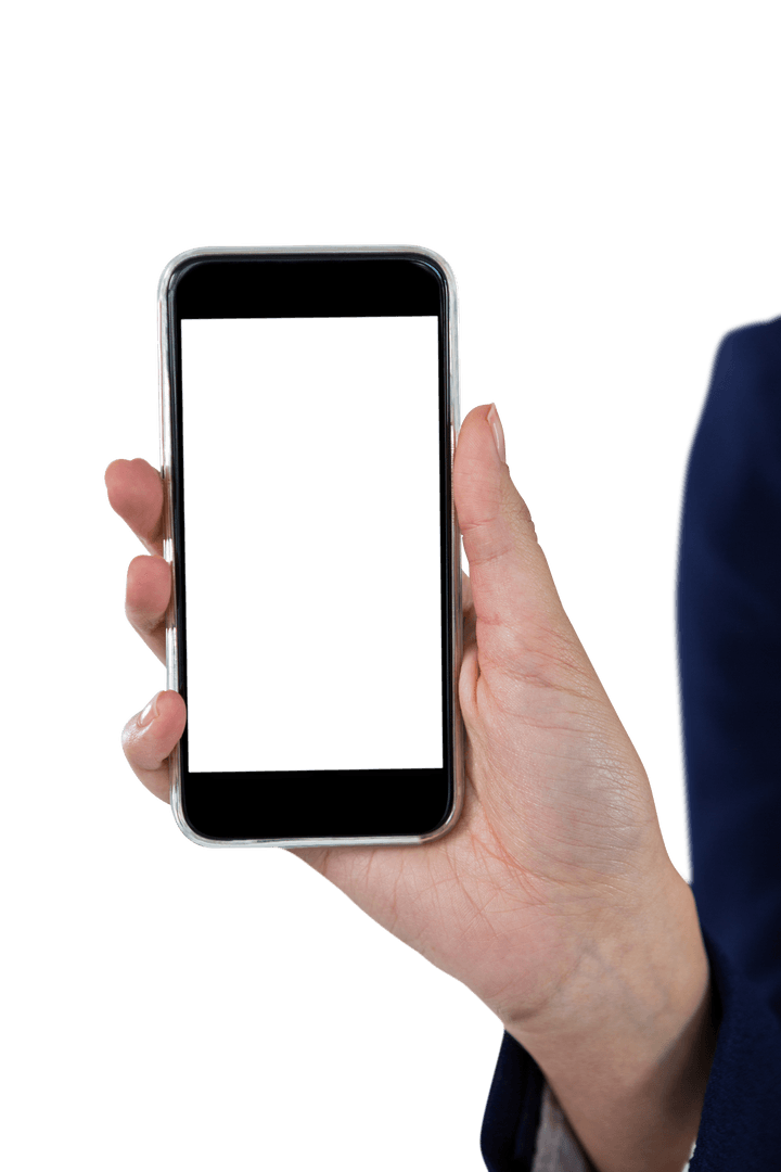 Hand Holding Transparent Mobile Phone on White Background