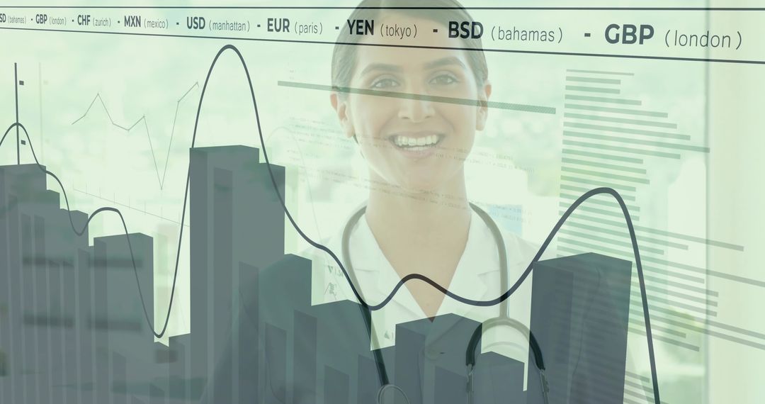 Doctor Analyzing Data on Transparent Screen with Financial Visualization