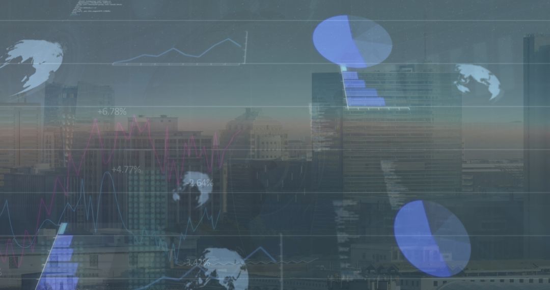 Global Data Visualization Against Urban Skyline at Sunset