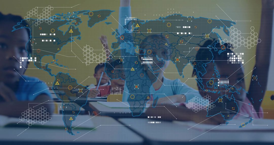 Students Learning with Digital World Map Overlay in Classroom