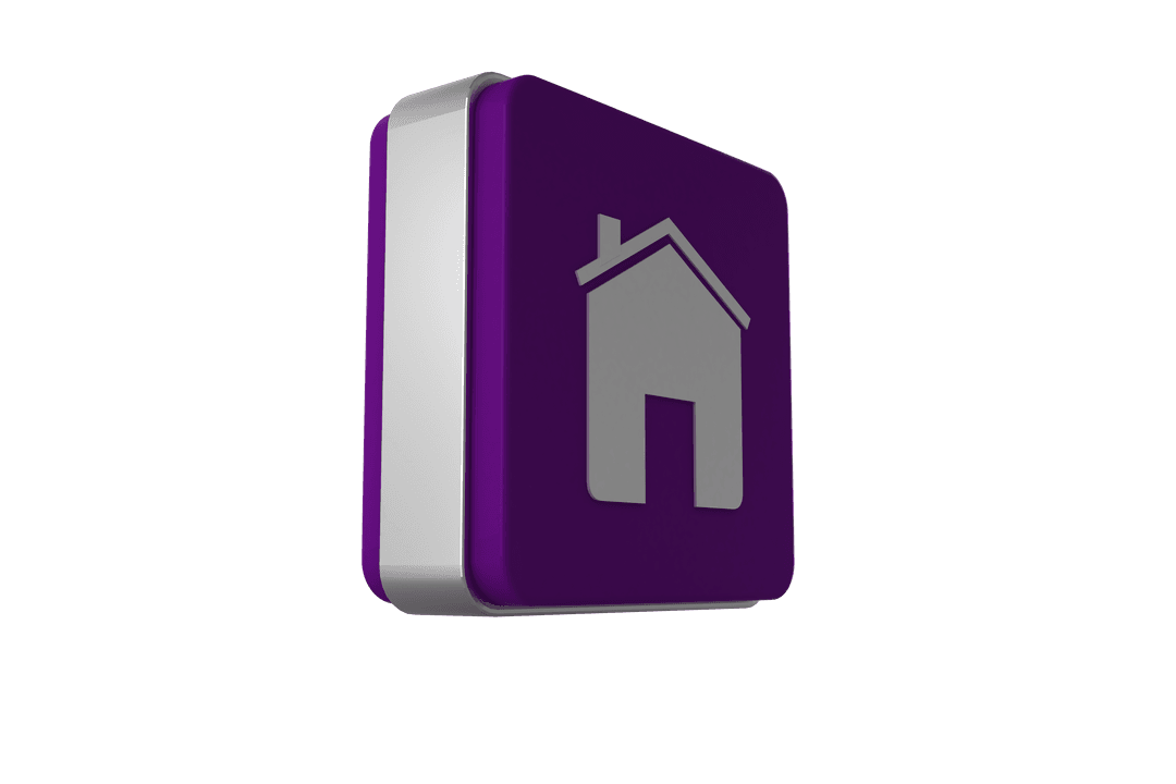 Transparent Purple Cube Icon with House Symbol on White Isolated