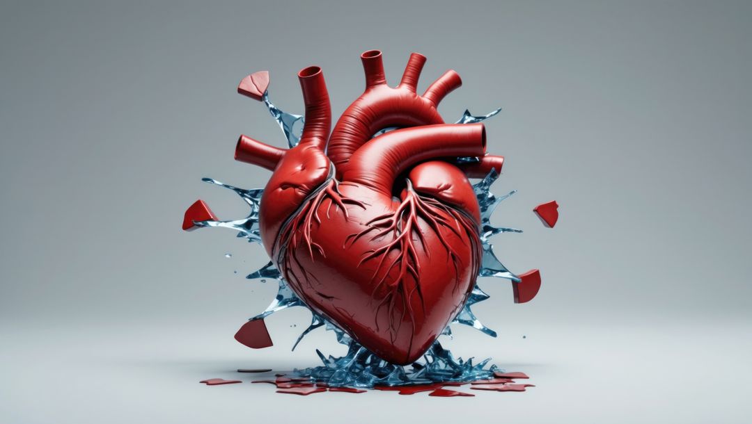 Digitally created heart breaks free with dynamic liquid explosion, cardiovascular diseases concept
