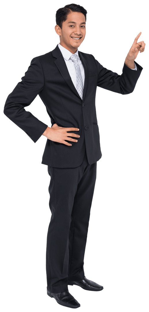 Biracial Businessman Pointing Up on Transparent Background