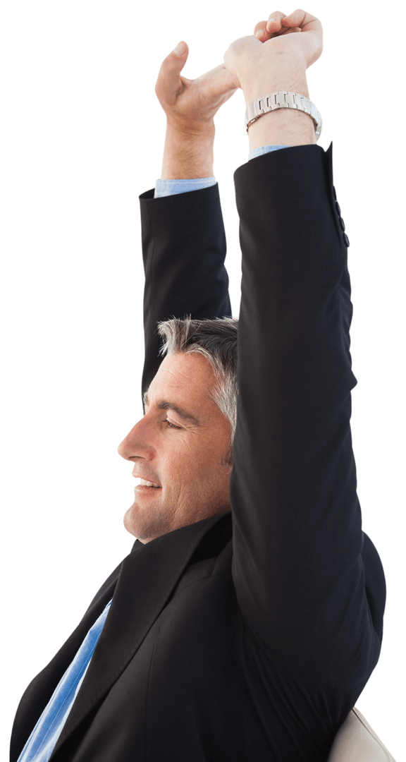 Businessman Relaxing by Stretching in Office Transparent Background