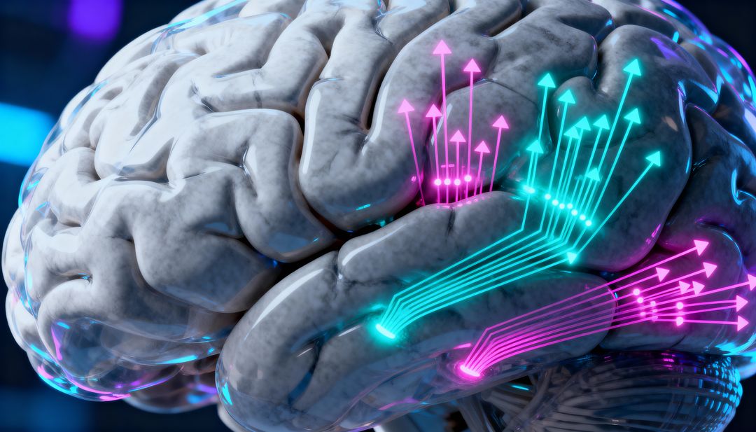 3D Brain Model Visualizing Neon Neural Pathways with Cyan and Magenta Circuit Tracing