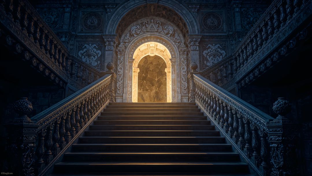 Majestic Stone Staircase Leading to Illuminated Archway