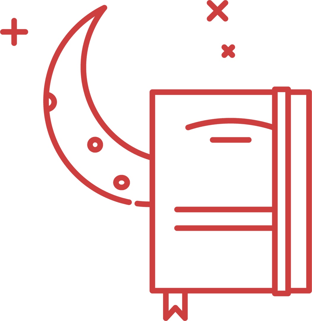 Red Line Art of Moon, Stars, and Book on Transparent Background