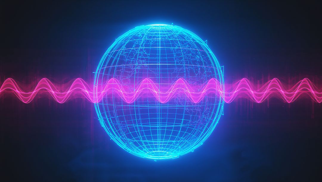 Futuristic Wireframe Globe with Magenta Waveform