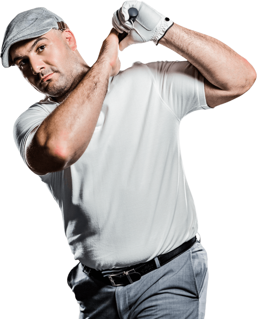 Confident Golf Player Swinging Club Transparent Background