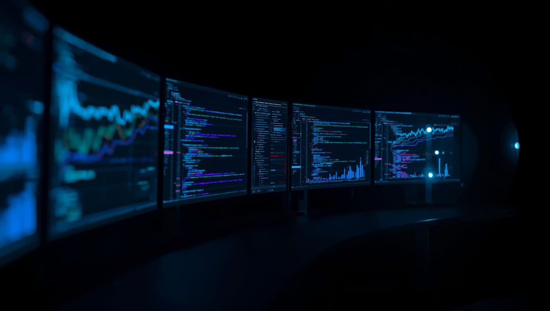 Curved Monitors Displaying Code and Charts in Dark Office