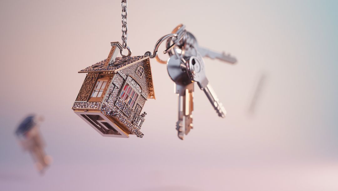 House-Shaped Keychain and Keys Hanging on Gradient Background