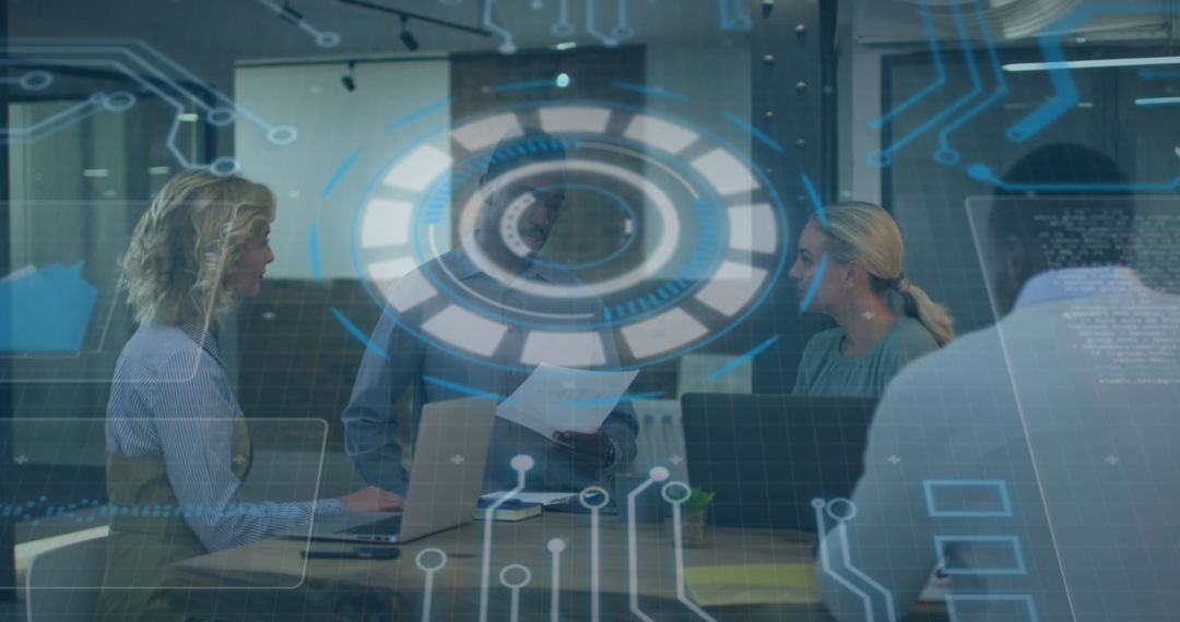 Tech Meeting with Data Interface Overlay in Modern Office
