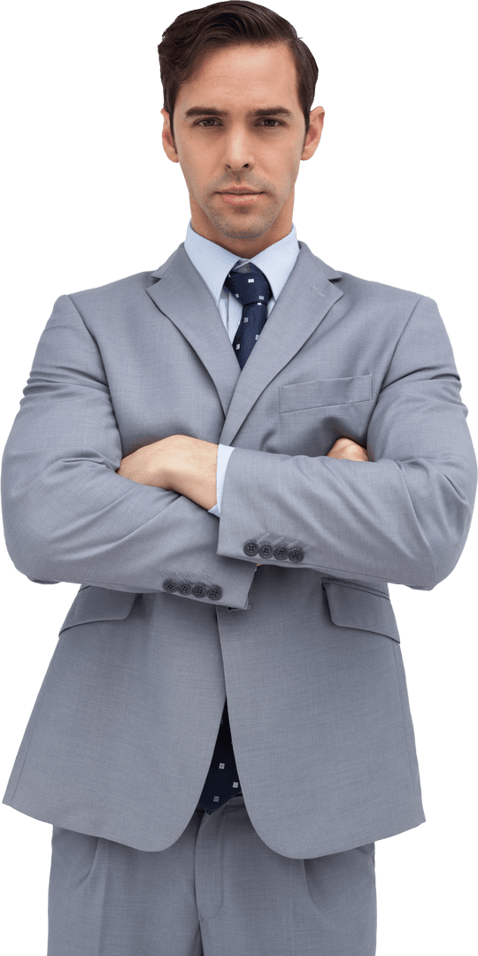 Confident Young Businessman in Gray Suit with Arms Crossed Transparent Background