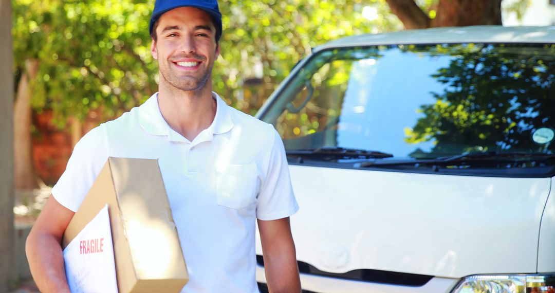 Smiling Delivery Man Holding Package Next to Van Outdoors - Free Images, Stock Photos and Pictures on Pikwizard.com