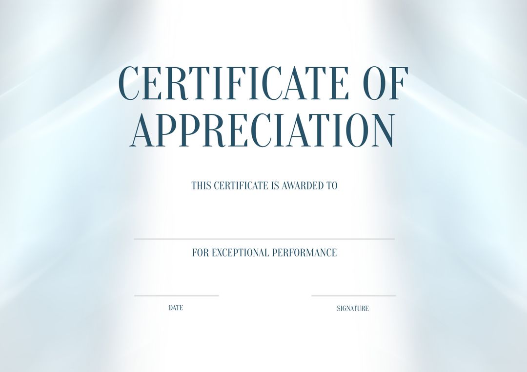 Certificate of Appreciation Template with Elegant Blue and White Design - Download Free Stock Templates Pikwizard.com