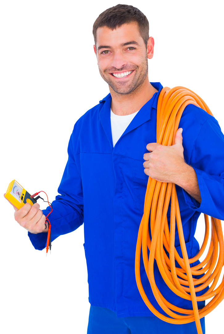 Portrait Transparent of Smiling Electrician with Wire Roll and Multimeter - Download Free Stock Images Pikwizard.com