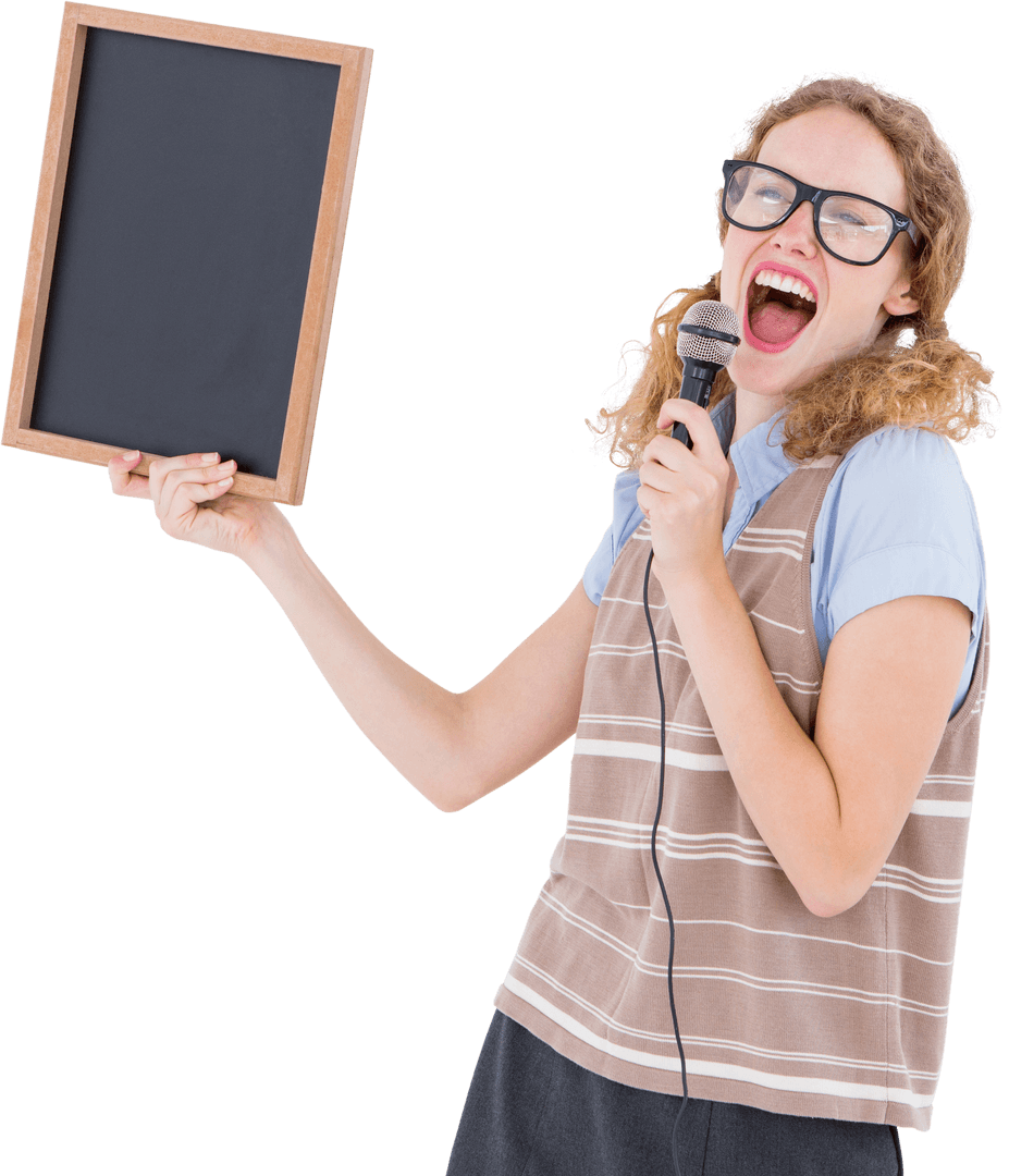 Joyful Hipster Singing Holding Blank Chalkboard Transparent Background