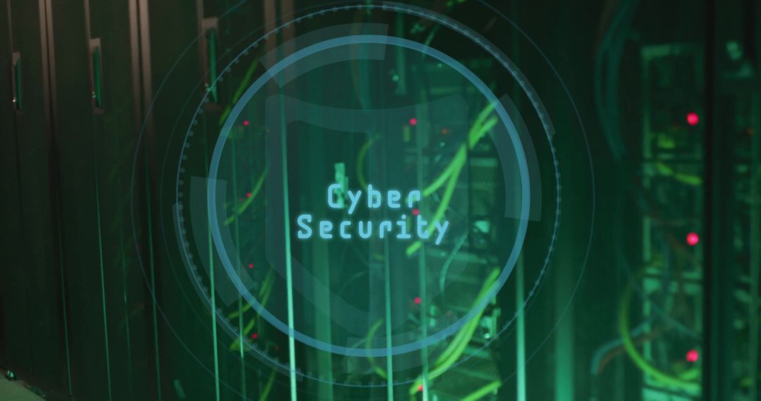 Futuristic Cybersecurity HUD Over Server Room Aisle