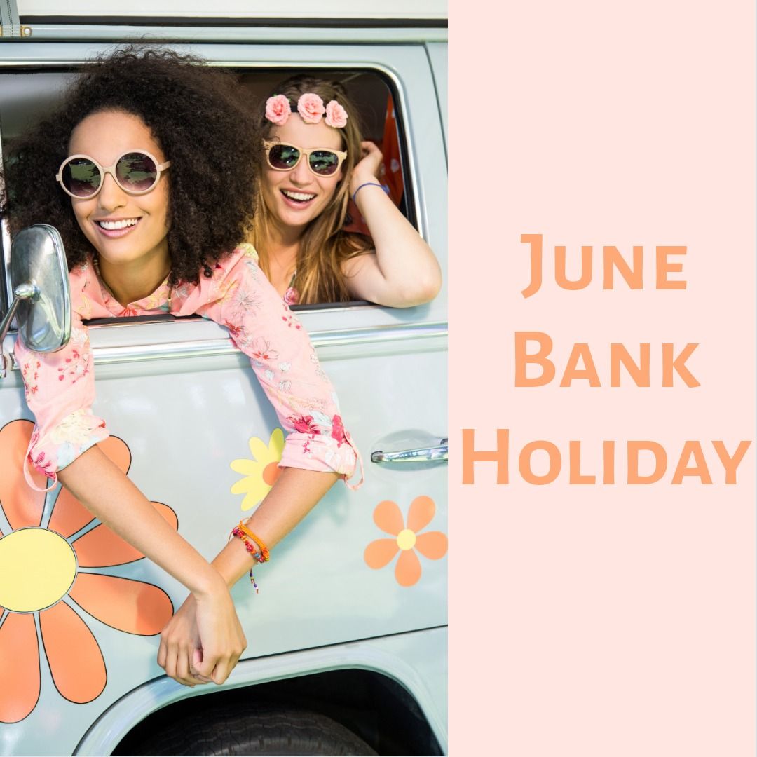 Digital composite image of june bank holiday text by happy caucasian women enjoying in van - Download Free Stock Templates Pikwizard.com