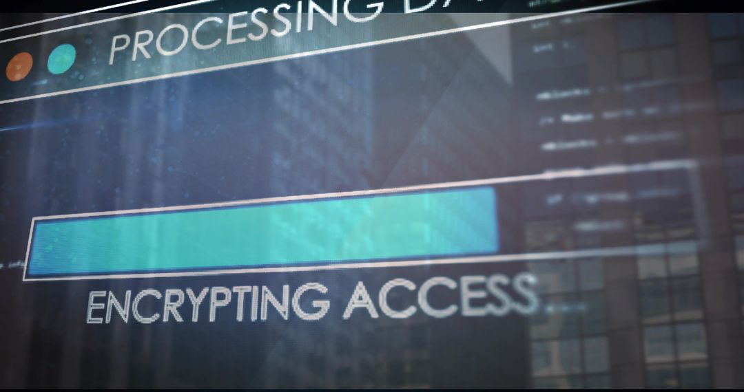 Encrypting Access UX Overlay on Glass Facade with Progress Bar and City Reflection