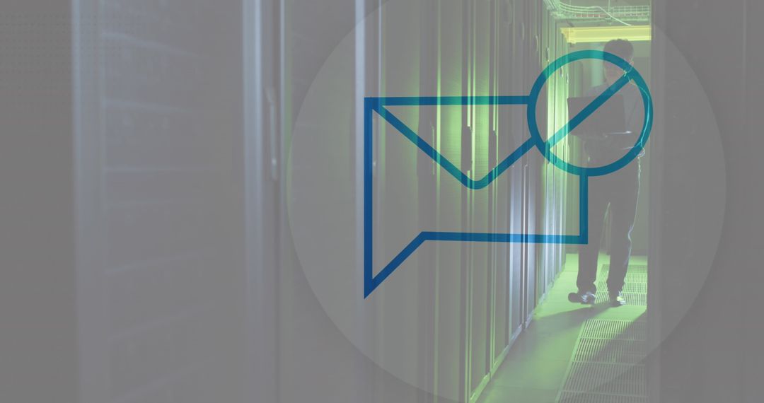 Engineer Maintaining Server with Digital Security Icon Overlay